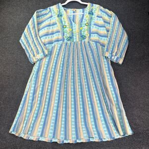 Reba Turquoise Blue Yellow Buttercup Floral Embroidered Striped Dress XL